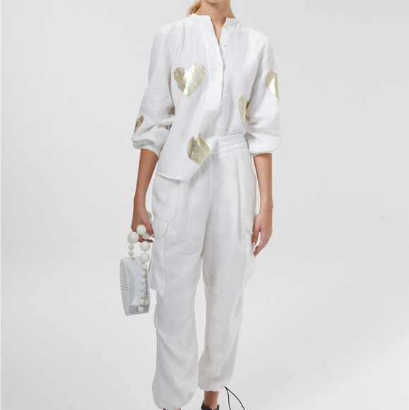 Cupid Linen Shirt - Off-White w/ Gold Hearts - Picture 5 of 5